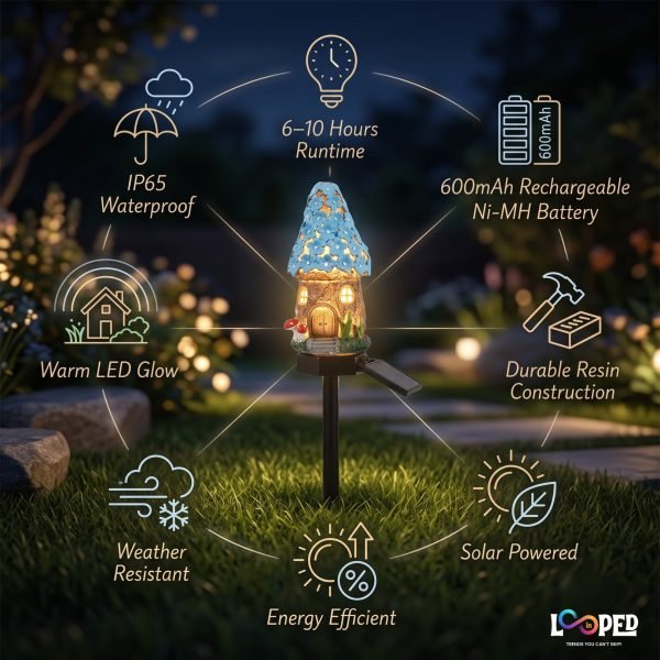 Solar Mushroom Hut Fairy Garden Light Dark Blue, Resin LED Outdoor Decorative Landscape Light, 600mAh Rechargeable Battery, IP65 Waterproof