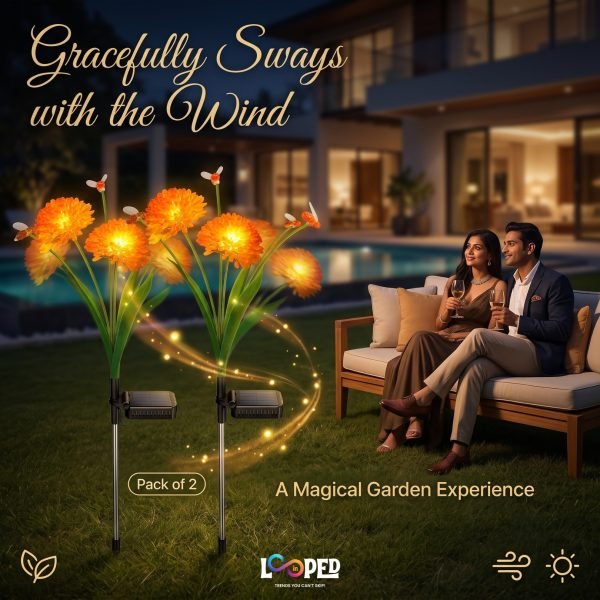 Solar Mrhephaestus Flower Garden Lights Set of 2, 6 LED per Flower, Roll Cloth Petals, Stainless Steel Stakes, 600mAh Rechargeable Battery, IP65 Waterproof Outdoor Decorative Lights