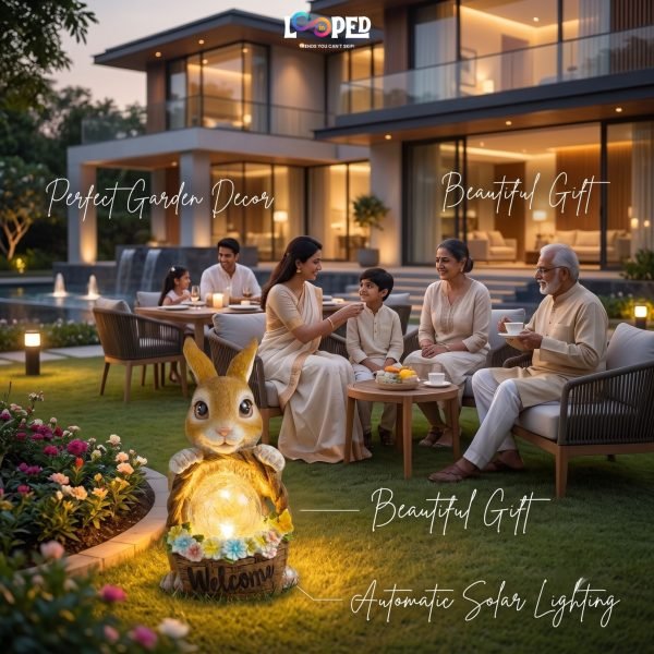 Solar Rabbit Garden Statue with Flower Basket, Resin LED Outdoor Decorative Light, 600mAh Rechargeable Battery, IP65 Waterproof, Automatic Solar Landscape Garden Light