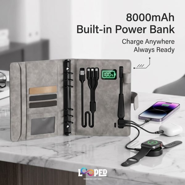 Fingerprint Lock Premium Leather Diary, 8000mAh Power Bank, LED Lamp & Wireless Charging Notebook Organizer
