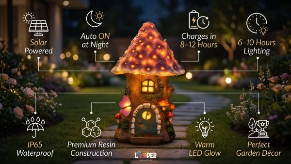 Solar Big Mushroom Hut Fairy Garden Light, Resin LED Outdoor Decorative Landscape Light, 600mAh Rechargeable Battery, IP65 Waterproof, Automatic Solar Garden Decoration