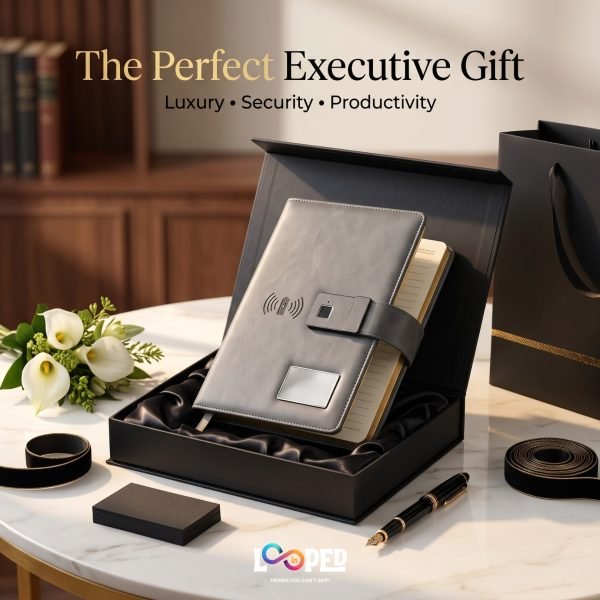Fingerprint Lock Premium Leather Diary, 8000mAh Power Bank, LED Lamp & Wireless Charging Notebook Organizer