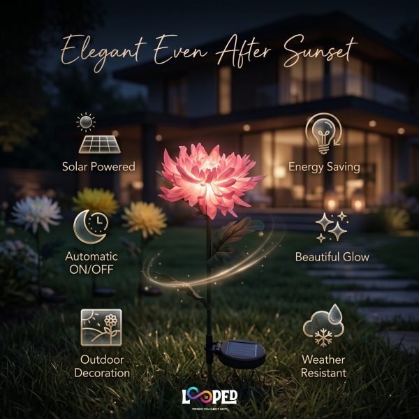Solar Chrysanthemum Flower Garden Lights Set of 2, Roll Cloth Petals, Stainless Steel Stakes, LED Outdoor Decorative Lights, 600mAh Rechargeable Battery, IP65 Waterproof