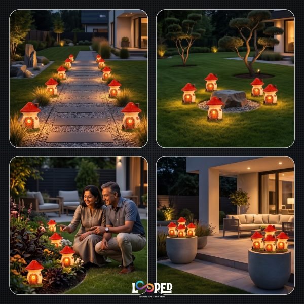 Solar Mushroom Hut Fairy Garden Light Red, Resin LED Outdoor Decorative Landscape Light, 600mAh Rechargeable Battery, IP65 Waterproof