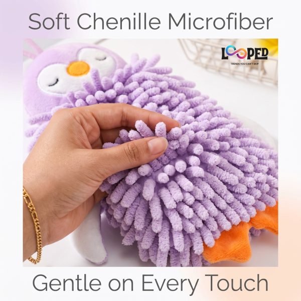 Cute Penguin Chenille Hand Towel, Soft Hanging Hand Dry Towel for Kitchen, Bathroom & Kids Room