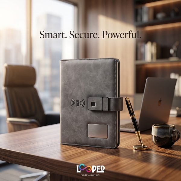 Fingerprint Lock Premium Leather Diary, 8000mAh Power Bank, LED Lamp & Wireless Charging Notebook Organizer