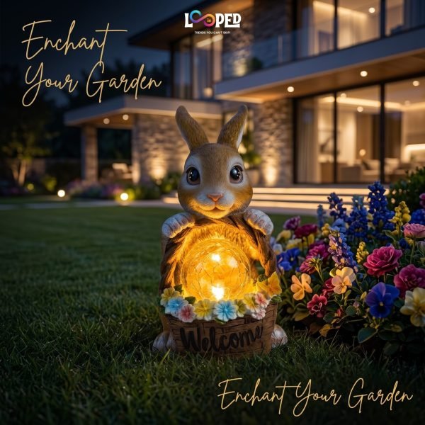 Solar Rabbit Garden Statue with Flower Basket, Resin LED Outdoor Decorative Light, 600mAh Rechargeable Battery, IP65 Waterproof, Automatic Solar Landscape Garden Light