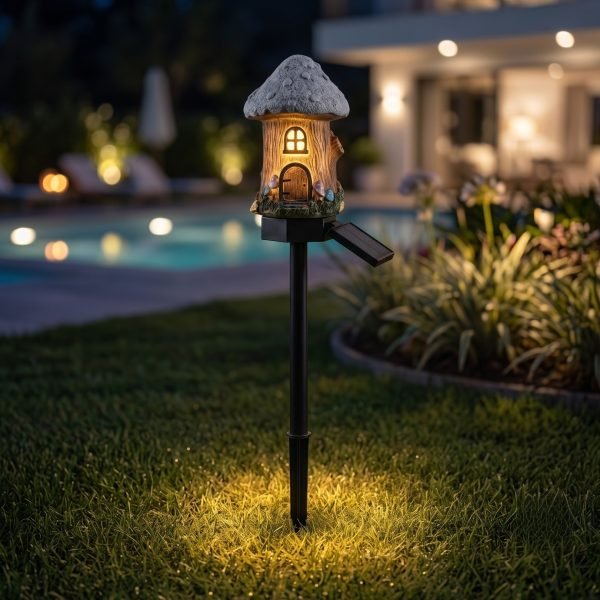 Solar Mushroom Hut Fairy Garden Light Light Blue, Resin LED Outdoor Decorative Landscape Light, 600mAh Rechargeable Battery, IP65 Waterproof