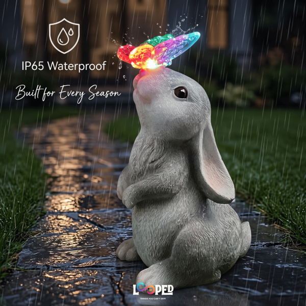 Solar Rabbit with Butterfly Garden Statue, Resin LED Outdoor Decorative Landscape Light, 600mAh Rechargeable Battery, IP65 Waterproof, Automatic Solar Garden Light