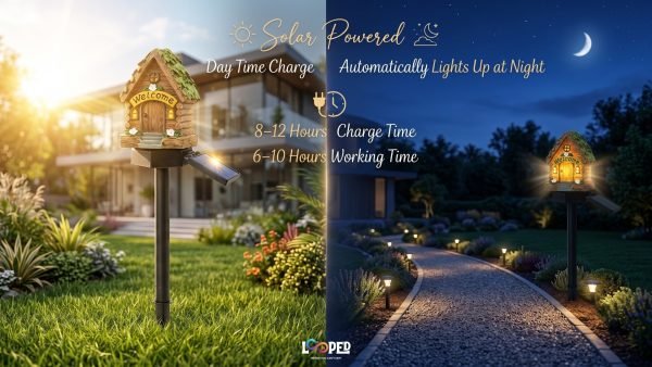 Solar Mushroom Hut Fairy Garden Light Green, Resin LED Outdoor Decorative Landscape Light, 600mAh Rechargeable Battery, IP65 Waterproof