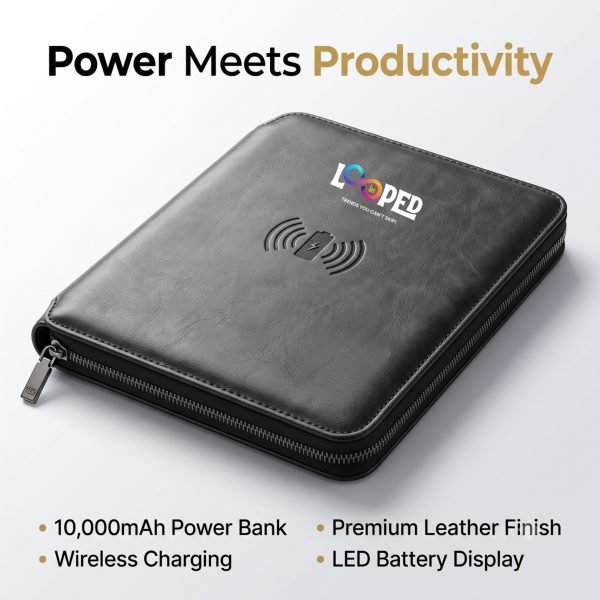 Leather Pouch Diary with Wireless Charging, Document Storage Pouch, 10000mAh Power Bank, LED Lamp & Multi Charging Cables