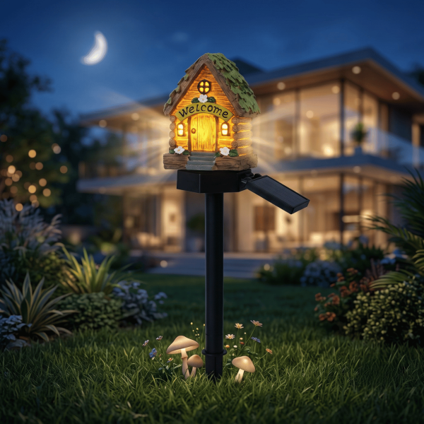 Solar Mushroom Hut Fairy Garden Light Green, Resin LED Outdoor Decorative Landscape Light, 600mAh Rechargeable Battery, IP65 Waterproof