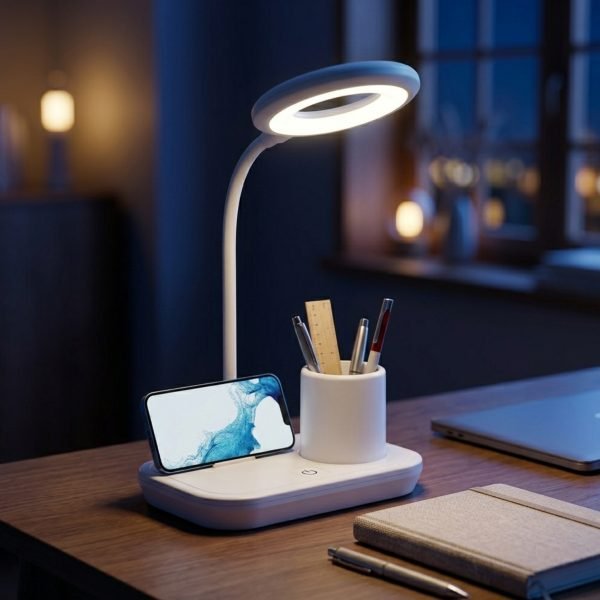 LED Desk Lamp with Pen Holder, Mobile Phone Stand, USB Rechargeable Study Lamp with Touch Control & Adjustable Brightness