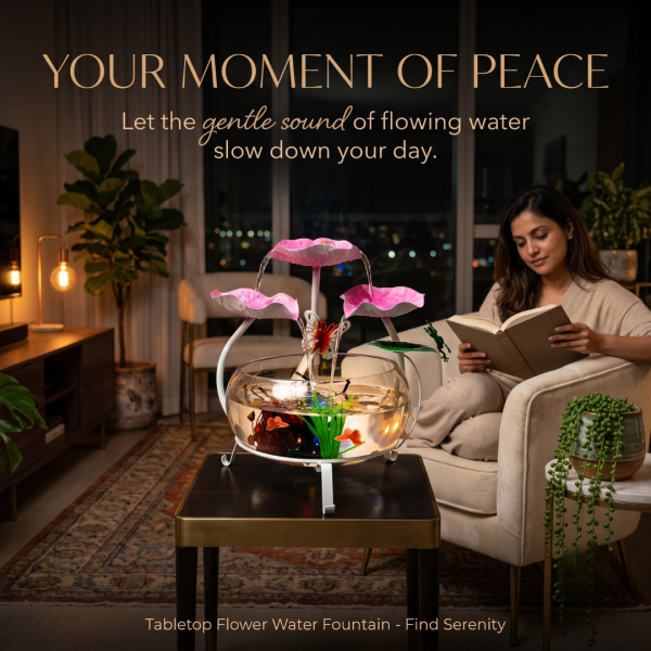 Table Top Water Fountain with Glass Bowl, Butterfly, Frog & Flower, Decorative Mini Indoor Waterfall Fountain for Home, Office, Bedroom & Living Room