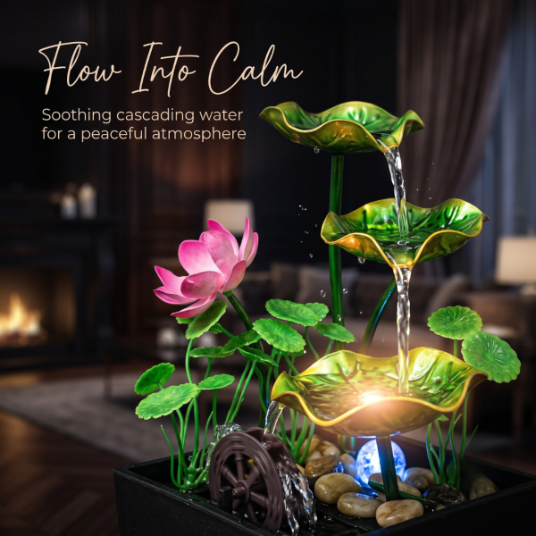 Table Top Water Fountain with Square Base, Lotus Flower & Leaves, Decorative Mini Indoor Waterfall Fountain for Home, Office, Bedroom & Living Room