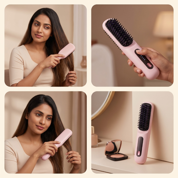 Cordless Hair Straightener Brush for Women, Portable Rechargeable Hair Straightening Comb with 3 Heat Settings, 4000mAh Battery, USB-C Charging, Negative Ion Technology, Compact Travel Hair Styler