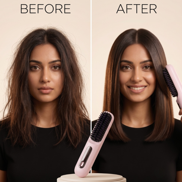 Cordless Hair Straightener Brush for Women, Portable Rechargeable Hair Straightening Comb with 3 Heat Settings, 4000mAh Battery, USB-C Charging, Negative Ion Technology, Compact Travel Hair Styler
