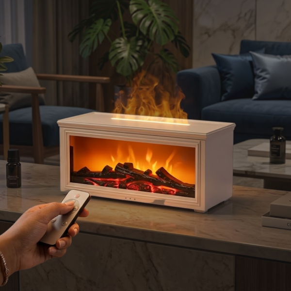 Fireplace Flame Aroma Diffuser with Realistic Flame Effect, Ultrasonic Essential Oil Humidifier, Auto Timer, LED Night Light for Home Office (White)
