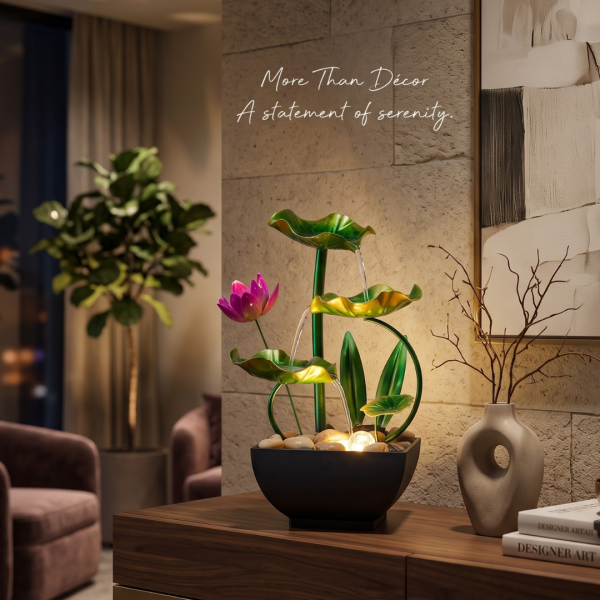Table Top Water Fountain with Lotus Flower & Leaves, Mini Decorative Indoor Waterfall Fountain for Home, Office, Bedroom, Living Room & Desk