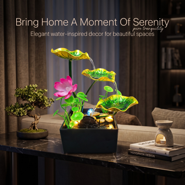 Table Top Water Fountain with Square Base, Lotus Flower & Leaves, Decorative Mini Indoor Waterfall Fountain for Home, Office, Bedroom & Living Room