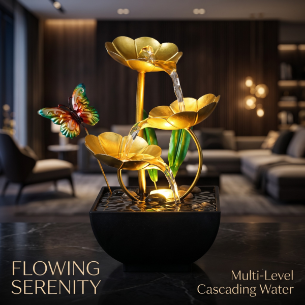 Table Top Water Fountain with Golden Flowers & Butterfly, Decorative Mini Waterfall Fountain for Home, Office, Bedroom, Living Room & Desk Décor