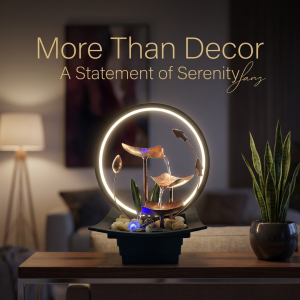 Table Top Water Fountain with Flowers, Fish & Ring Light, LED Decorative Mini Waterfall Fountain for Home, Office, Bedroom & Living Room Décor