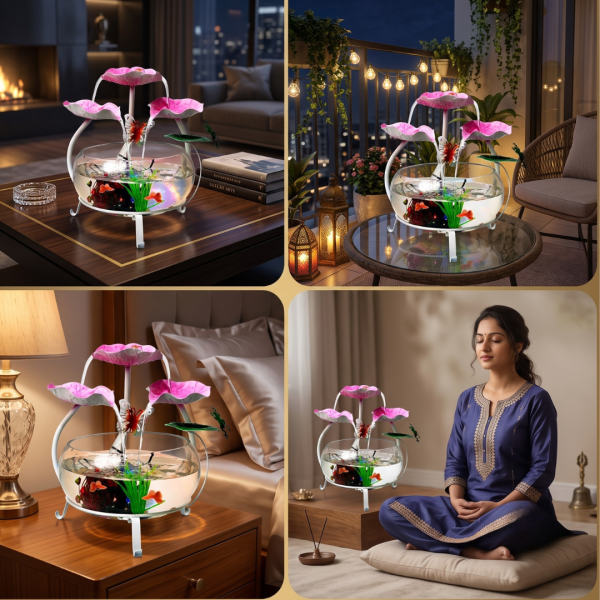Table Top Water Fountain with Glass Bowl, Butterfly, Frog & Flower, Decorative Mini Indoor Waterfall Fountain for Home, Office, Bedroom & Living Room