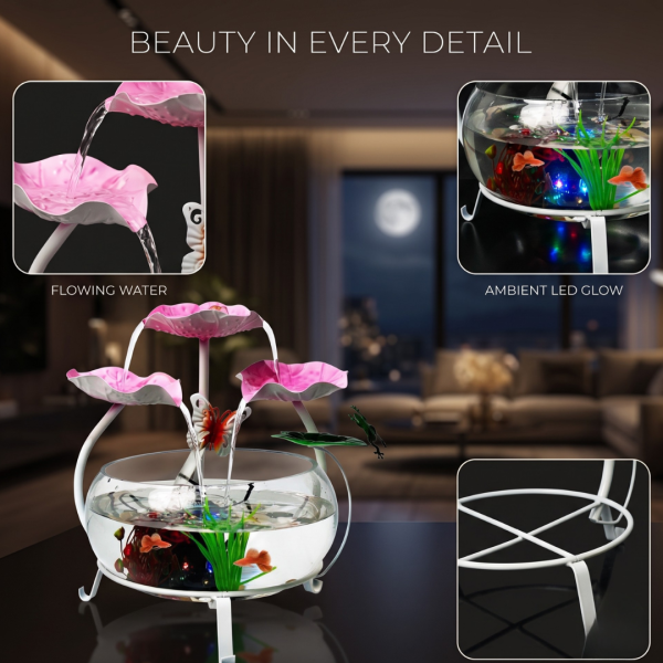 Table Top Water Fountain with Glass Bowl, Butterfly, Frog & Flower, Decorative Mini Indoor Waterfall Fountain for Home, Office, Bedroom & Living Room