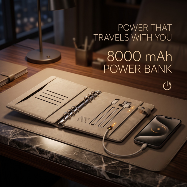 Executive Leather Diary with Hidden 16GB USB Drive, 10000mAh Power Bank, Phone Stand, LED Lamp & Charging Cables