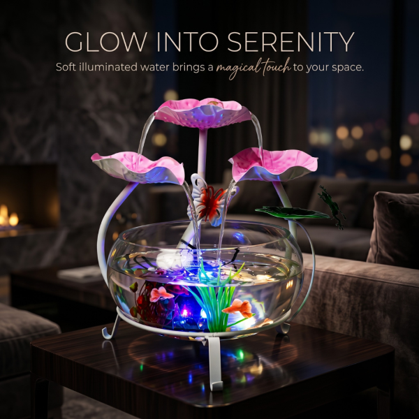 Table Top Water Fountain with Glass Bowl, Butterfly, Frog & Flower, Decorative Mini Indoor Waterfall Fountain for Home, Office, Bedroom & Living Room