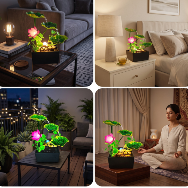 Table Top Water Fountain with Square Base, Lotus Flower & Leaves, Decorative Mini Indoor Waterfall Fountain for Home, Office, Bedroom & Living Room
