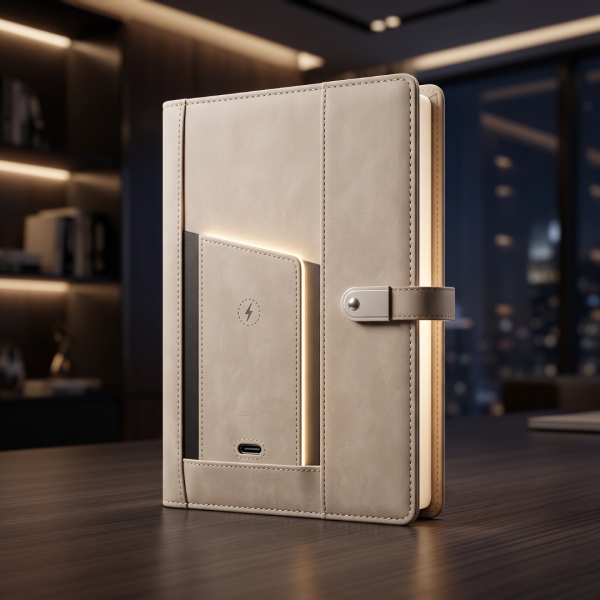 Executive Leather Diary with Hidden 16GB USB Drive, 10000mAh Power Bank, Phone Stand, LED Lamp & Charging Cables