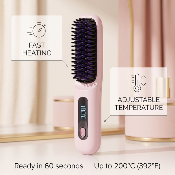 Cordless Hair Straightener Brush for Women, Portable Rechargeable Hair Straightening Comb with 3 Heat Settings, 4000mAh Battery, USB-C Charging, Negative Ion Technology, Compact Travel Hair Styler