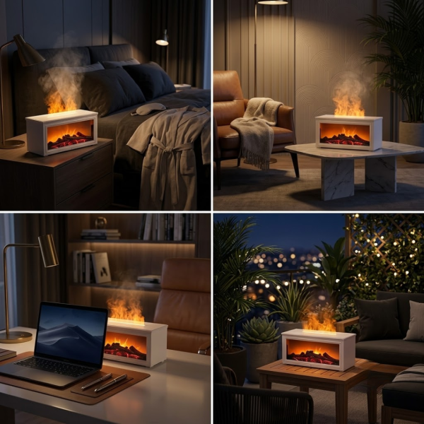 Fireplace Flame Aroma Diffuser with Realistic Flame Effect, Ultrasonic Essential Oil Humidifier, Auto Timer, LED Night Light for Home Office (White)