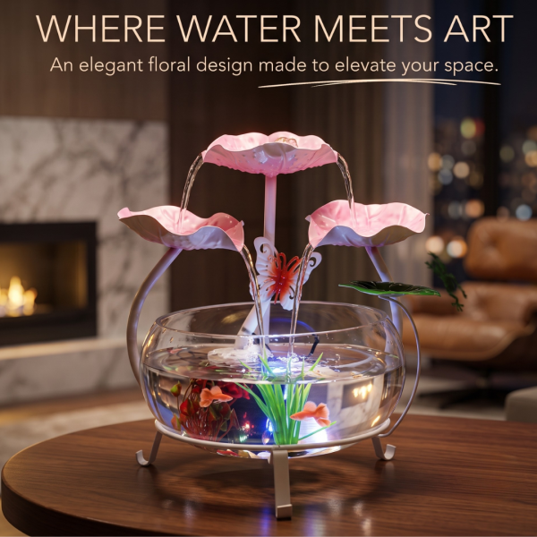 Table Top Water Fountain with Glass Bowl, Butterfly, Frog & Flower, Decorative Mini Indoor Waterfall Fountain for Home, Office, Bedroom & Living Room