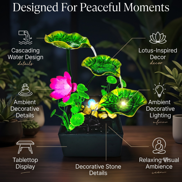 Table Top Water Fountain with Square Base, Lotus Flower & Leaves, Decorative Mini Indoor Waterfall Fountain for Home, Office, Bedroom & Living Room