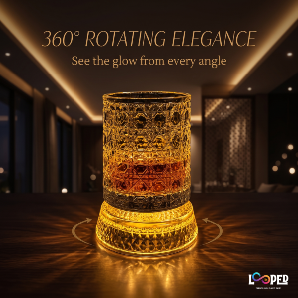 Viral Rotating Whiskey Glasses – 300ml | LED Light 360° Spinning Crystal Old Fashioned Bar Glass | Carved Cut Rocks Glasses for Whiskey, Scotch, Bourbon, Brandy