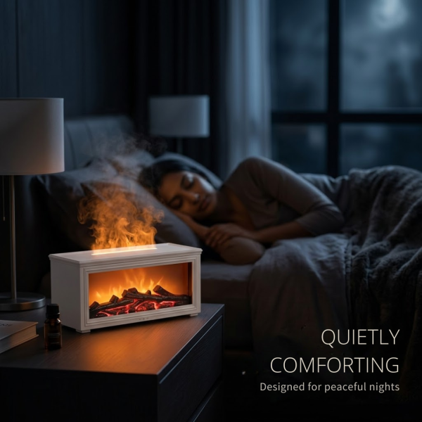 Fireplace Flame Aroma Diffuser with Realistic Flame Effect, Ultrasonic Essential Oil Humidifier, Auto Timer, LED Night Light for Home Office (White)