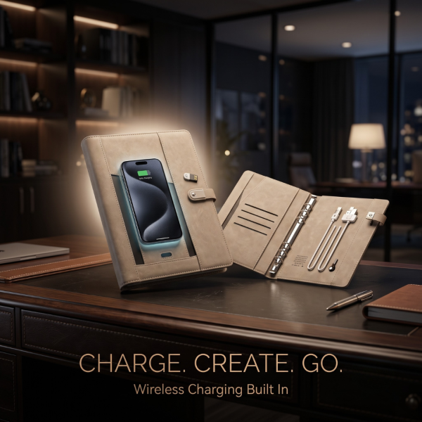 Executive Leather Diary with Hidden 16GB USB Drive, 10000mAh Power Bank, Phone Stand, LED Lamp & Charging Cables