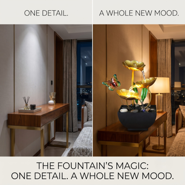 Table Top Water Fountain with Golden Flowers & Butterfly, Decorative Mini Waterfall Fountain for Home, Office, Bedroom, Living Room & Desk Décor