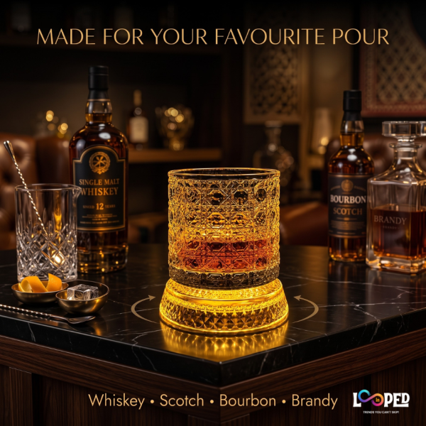 Viral Rotating Whiskey Glasses – 300ml | LED Light 360° Spinning Crystal Old Fashioned Bar Glass | Carved Cut Rocks Glasses for Whiskey, Scotch, Bourbon, Brandy