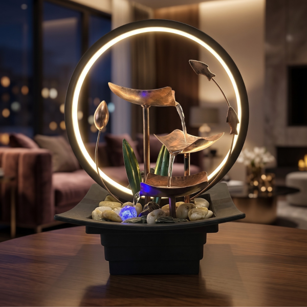 Table Top Water Fountain with Flowers, Fish & Ring Light, LED Decorative Mini Waterfall Fountain for Home, Office, Bedroom & Living Room Décor