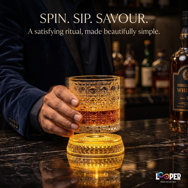 Viral Rotating Whiskey Glasses – 300ml | LED Light 360° Spinning Crystal Old Fashioned Bar Glass | Carved Cut Rocks Glasses for Whiskey, Scotch, Bourbon, Brandy