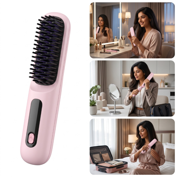 Cordless Hair Straightener Brush for Women, Portable Rechargeable Hair Straightening Comb with 3 Heat Settings, 4000mAh Battery, USB-C Charging, Negative Ion Technology, Compact Travel Hair Styler