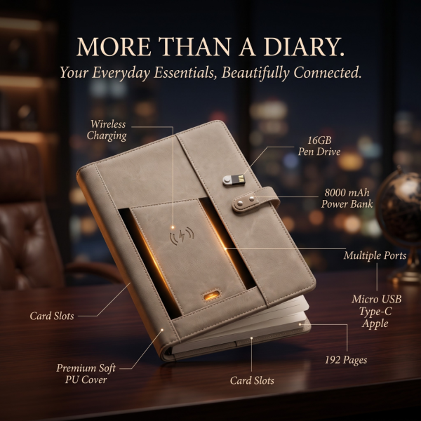 Executive Leather Diary with Hidden 16GB USB Drive, 10000mAh Power Bank, Phone Stand, LED Lamp & Charging Cables