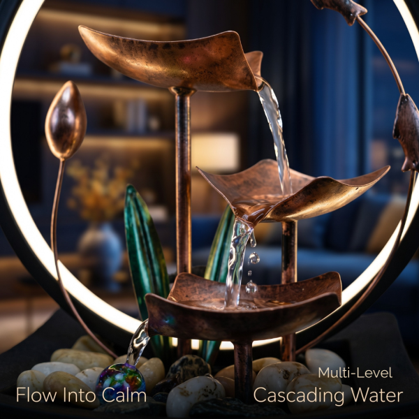 Table Top Water Fountain with Flowers, Fish & Ring Light, LED Decorative Mini Waterfall Fountain for Home, Office, Bedroom & Living Room Décor