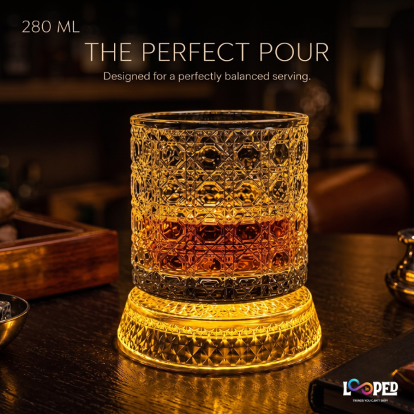 Viral Rotating Whiskey Glasses – 300ml | LED Light 360° Spinning Crystal Old Fashioned Bar Glass | Carved Cut Rocks Glasses for Whiskey, Scotch, Bourbon, Brandy