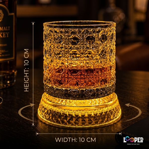 Viral Rotating Whiskey Glasses – 300ml | LED Light 360° Spinning Crystal Old Fashioned Bar Glass | Carved Cut Rocks Glasses for Whiskey, Scotch, Bourbon, Brandy