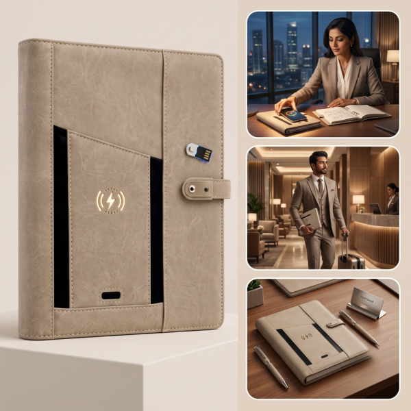 Executive Leather Diary with Hidden 16GB USB Drive, 10000mAh Power Bank, Phone Stand, LED Lamp & Charging Cables