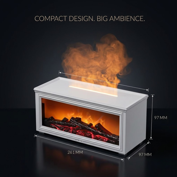 Fireplace Flame Aroma Diffuser with Realistic Flame Effect, Ultrasonic Essential Oil Humidifier, Auto Timer, LED Night Light for Home Office (White)